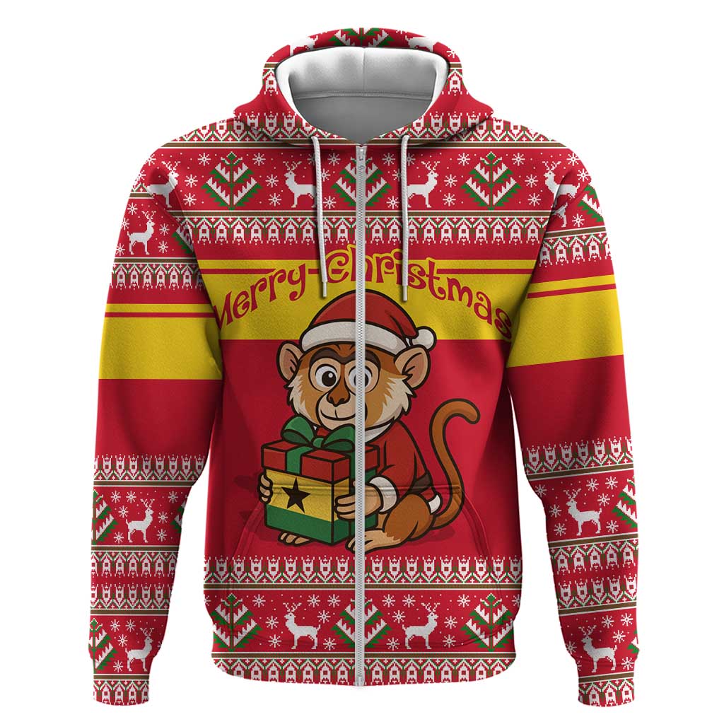 Ghana Christmas Zip Hoodie with Monkey Holding Gift Ghana Map and Festive - Wonder Print Shop