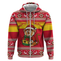 Ghana Christmas Zip Hoodie with Monkey Holding Gift Ghana Map and Festive - Wonder Print Shop