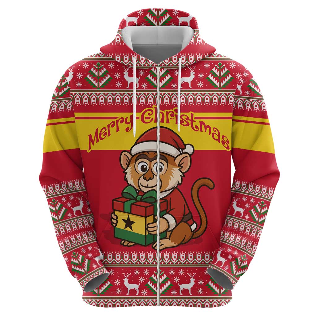 Ghana Christmas Zip Hoodie with Monkey Holding Gift Ghana Map and Festive - Wonder Print Shop