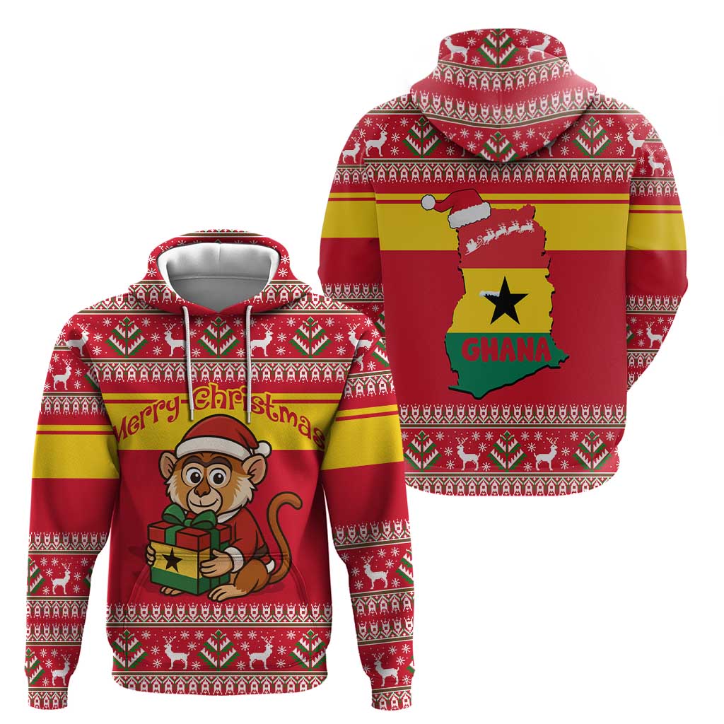 Ghana Christmas Zip Hoodie with Monkey Holding Gift Ghana Map and Festive - Wonder Print Shop
