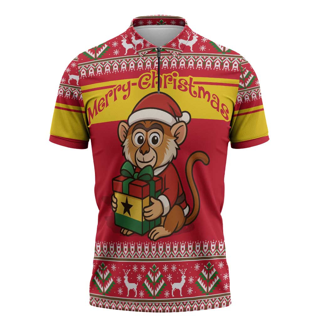Ghana Christmas Zipper Polo Shirt with Monkey Holding Gift Ghana Map and Festive - Wonder Print Shop