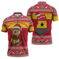 Ghana Christmas Zipper Polo Shirt with Monkey Holding Gift Ghana Map and Festive - Wonder Print Shop