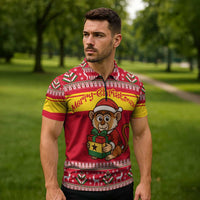 Ghana Christmas Zipper Polo Shirt with Monkey Holding Gift Ghana Map and Festive - Wonder Print Shop