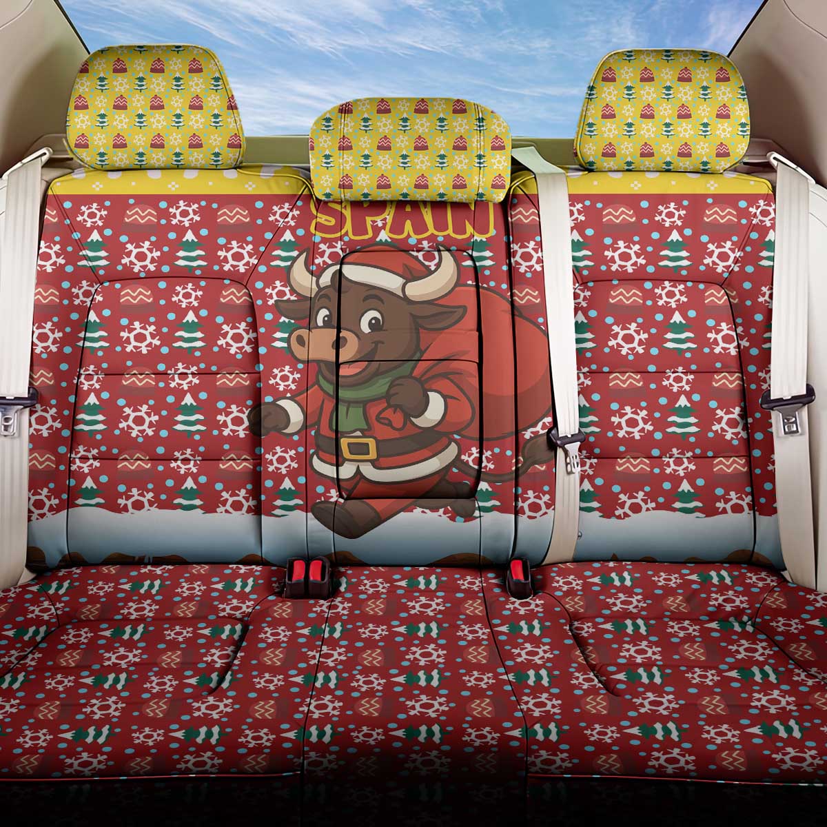 Spain Christmas Back Car Seat Cover with Santa Bull Brick Chimney Wreath and Festive Holiday - Wonder Print Shop
