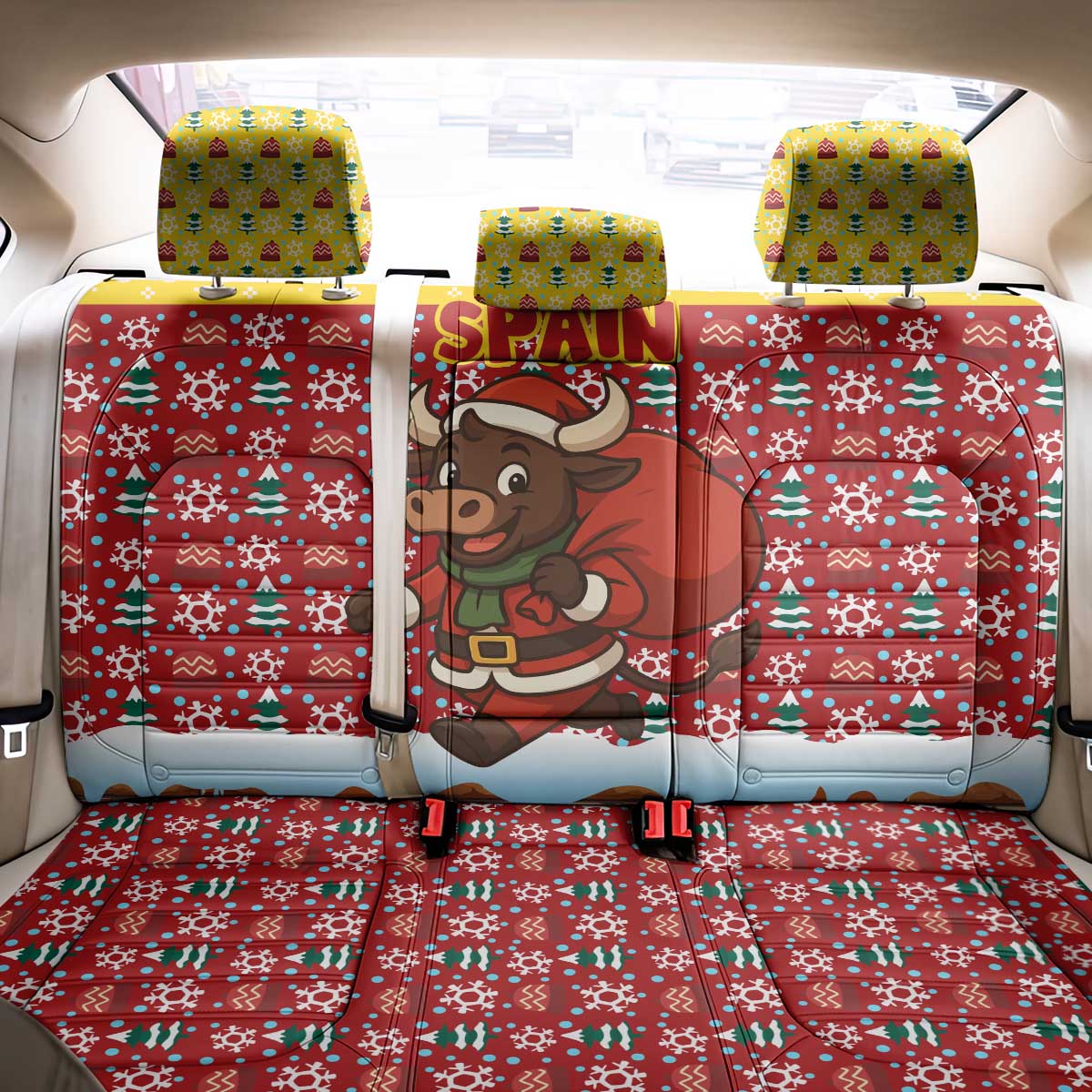 Spain Christmas Back Car Seat Cover with Santa Bull Brick Chimney Wreath and Festive Holiday - Wonder Print Shop