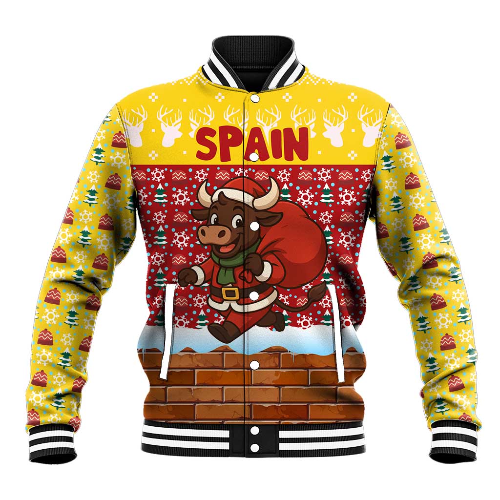 Spain Christmas Baseball Jacket with Santa Bull Brick Chimney Wreath and Festive Holiday - Wonder Print Shop