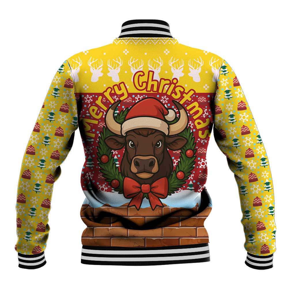Spain Christmas Baseball Jacket with Santa Bull Brick Chimney Wreath and Festive Holiday - Wonder Print Shop