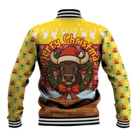 Spain Christmas Baseball Jacket with Santa Bull Brick Chimney Wreath and Festive Holiday - Wonder Print Shop