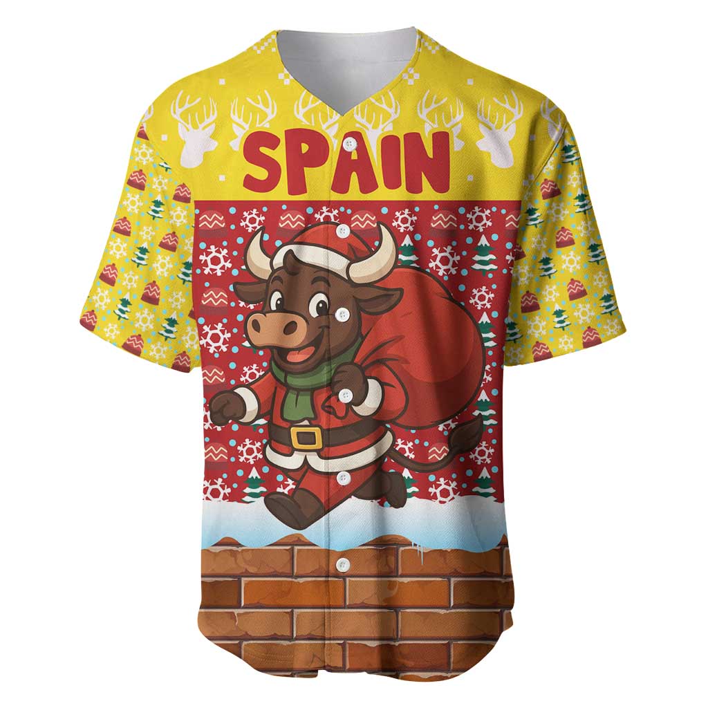 Spain Christmas Baseball Jersey with Santa Bull Brick Chimney Wreath and Festive Holiday - Wonder Print Shop