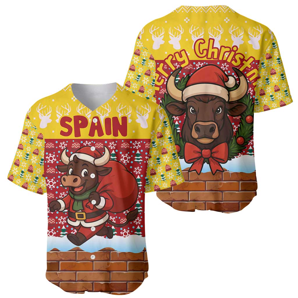 Spain Christmas Baseball Jersey with Santa Bull Brick Chimney Wreath and Festive Holiday - Wonder Print Shop