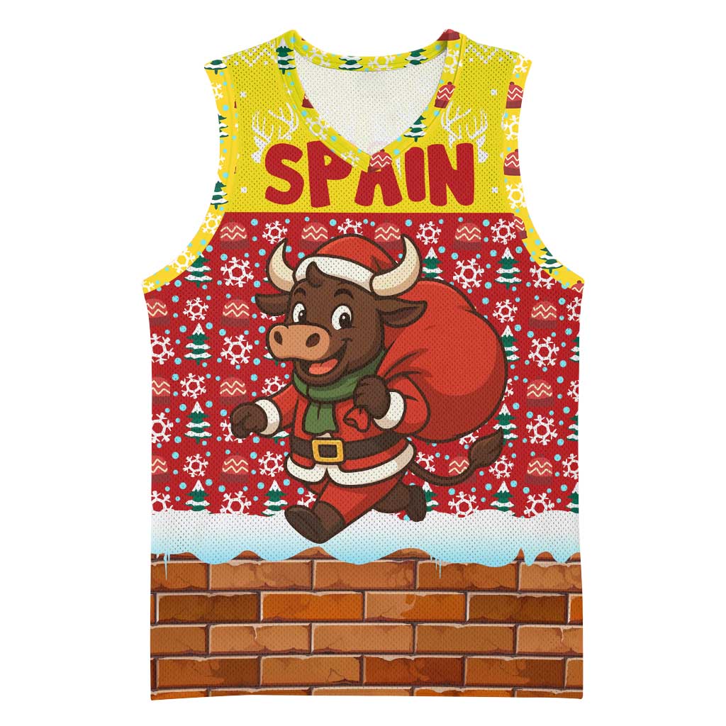 Spain Christmas Basketball Jersey with Santa Bull Brick Chimney Wreath and Festive Holiday - Wonder Print Shop
