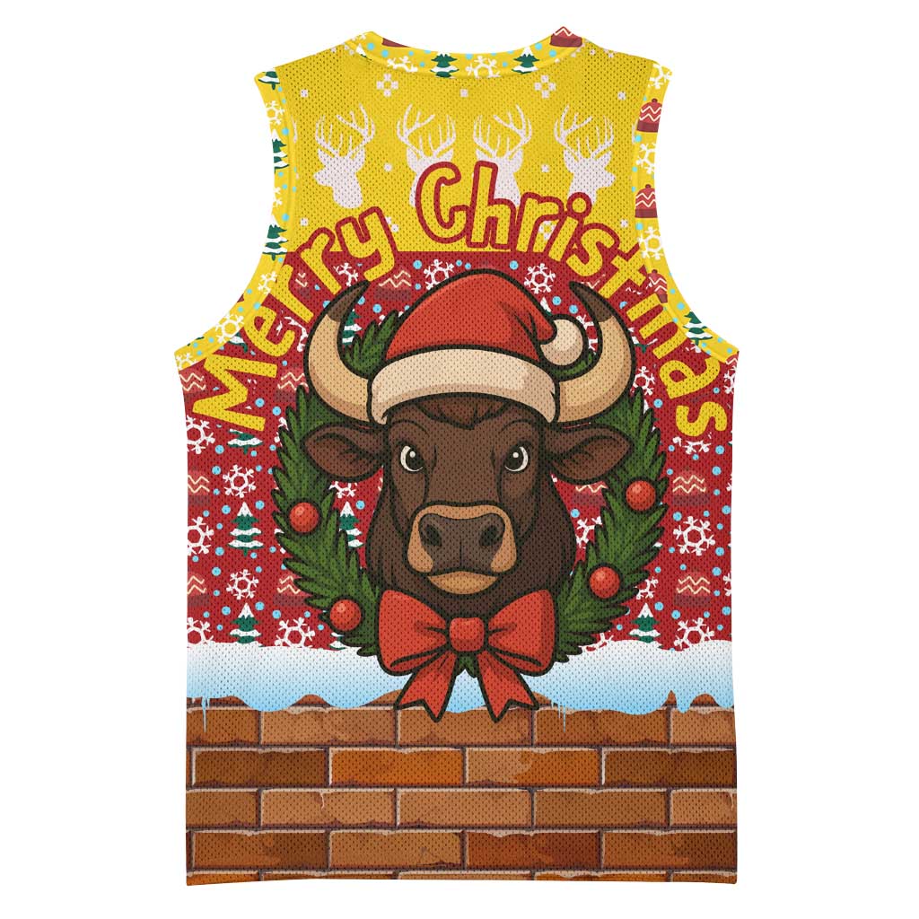Spain Christmas Basketball Jersey with Santa Bull Brick Chimney Wreath and Festive Holiday - Wonder Print Shop