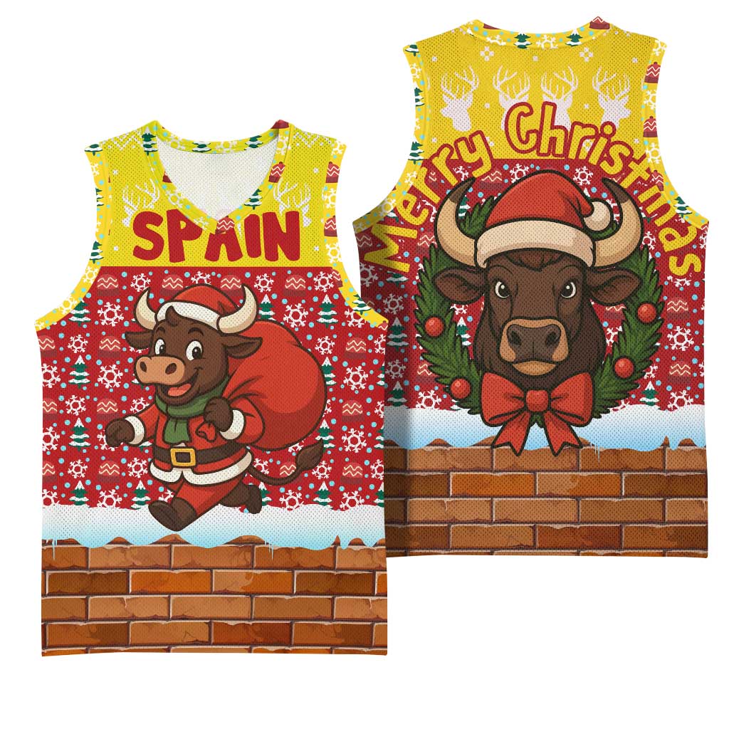Spain Christmas Basketball Jersey with Santa Bull Brick Chimney Wreath and Festive Holiday - Wonder Print Shop