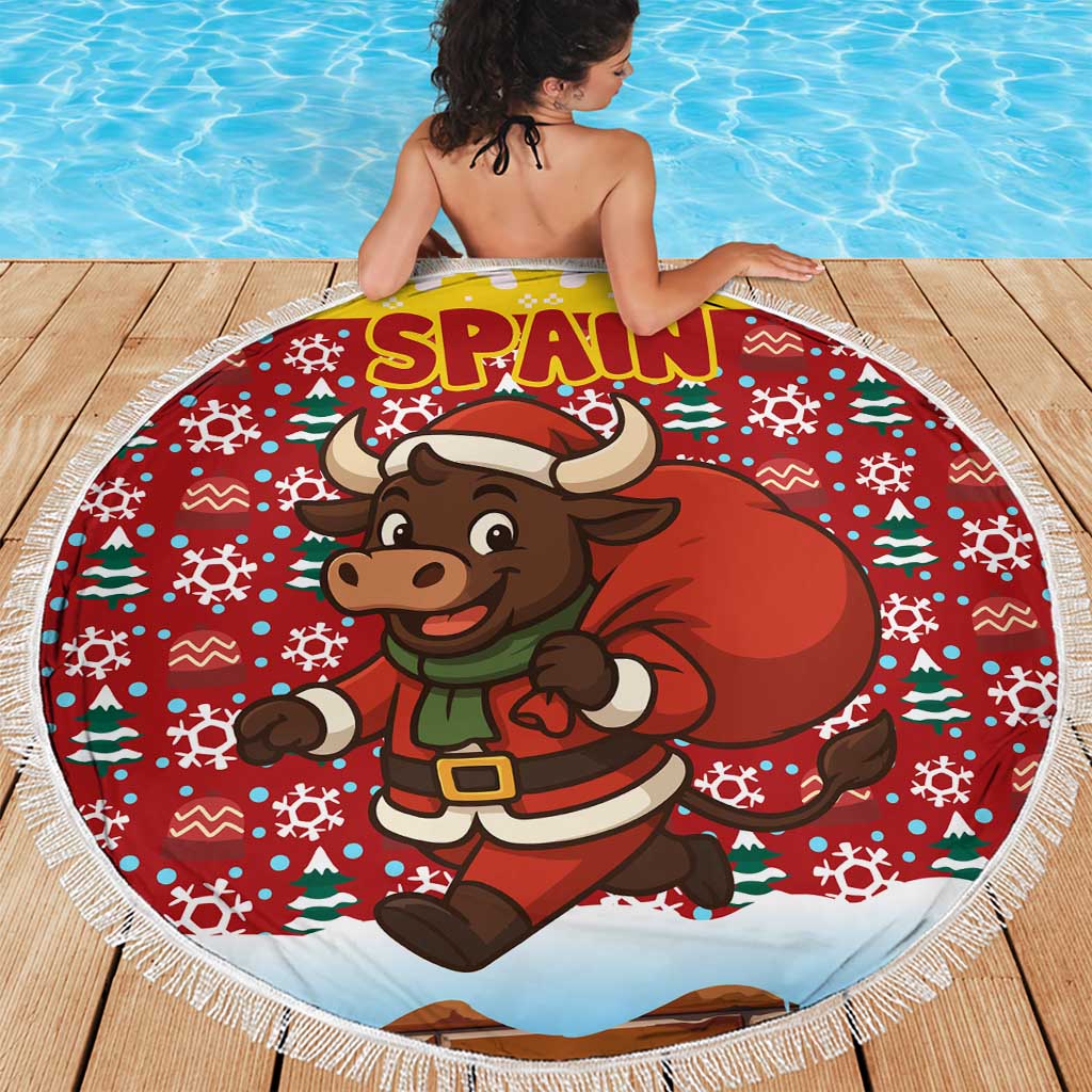 Spain Christmas Beach Blanket with Santa Bull Brick Chimney Wreath and Festive Holiday - Wonder Print Shop