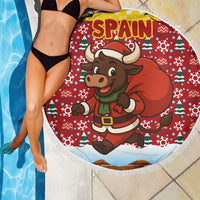 Spain Christmas Beach Blanket with Santa Bull Brick Chimney Wreath and Festive Holiday - Wonder Print Shop