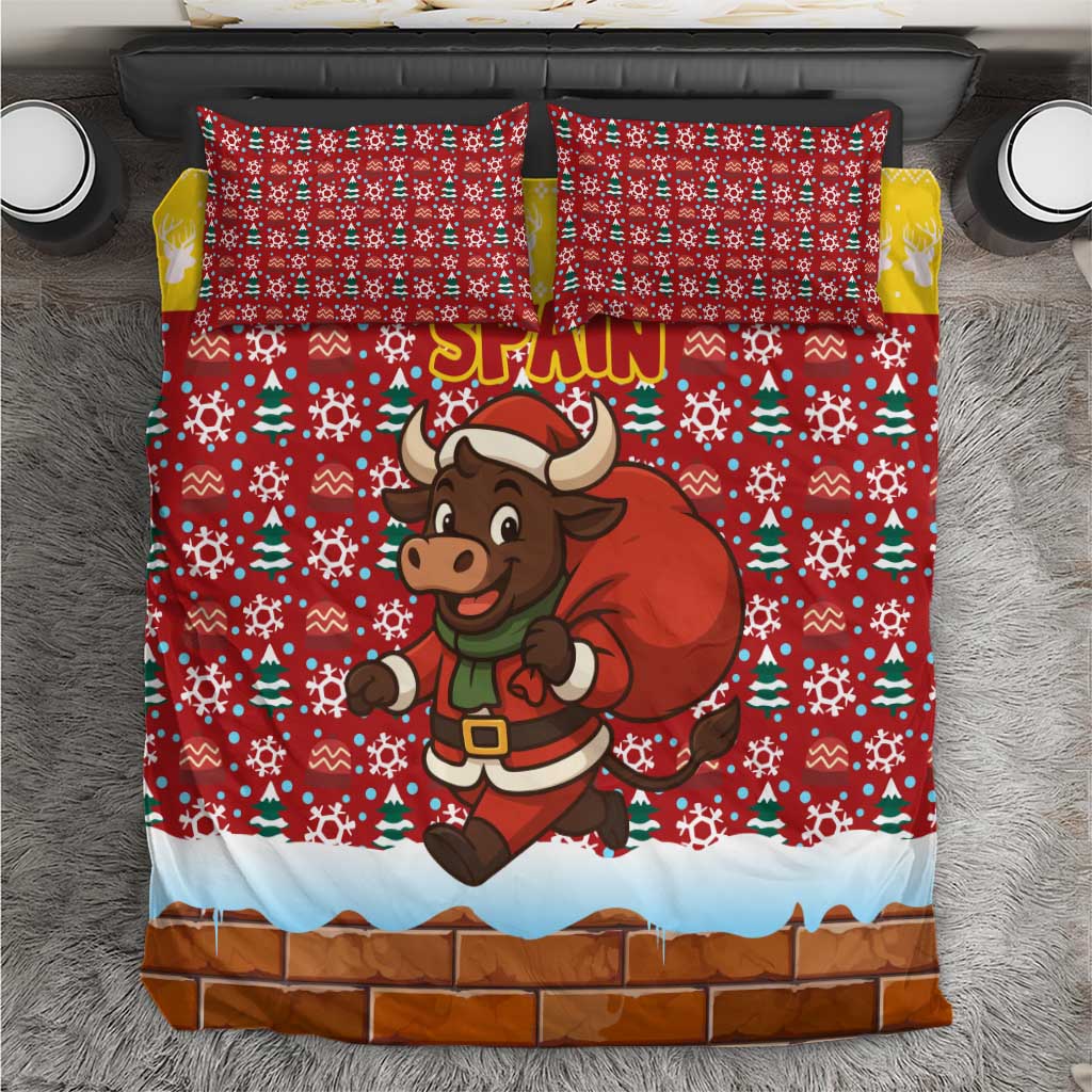 Spain Christmas Bedding Set with Santa Bull Brick Chimney Wreath and Festive Holiday - Wonder Print Shop