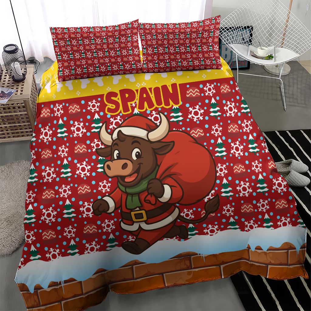 Spain Christmas Bedding Set with Santa Bull Brick Chimney Wreath and Festive Holiday - Wonder Print Shop