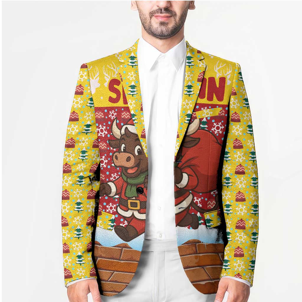 Spain Christmas Blazer with Santa Bull Brick Chimney Wreath and Festive Holiday - Wonder Print Shop