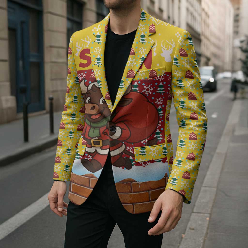 Spain Christmas Blazer with Santa Bull Brick Chimney Wreath and Festive Holiday - Wonder Print Shop