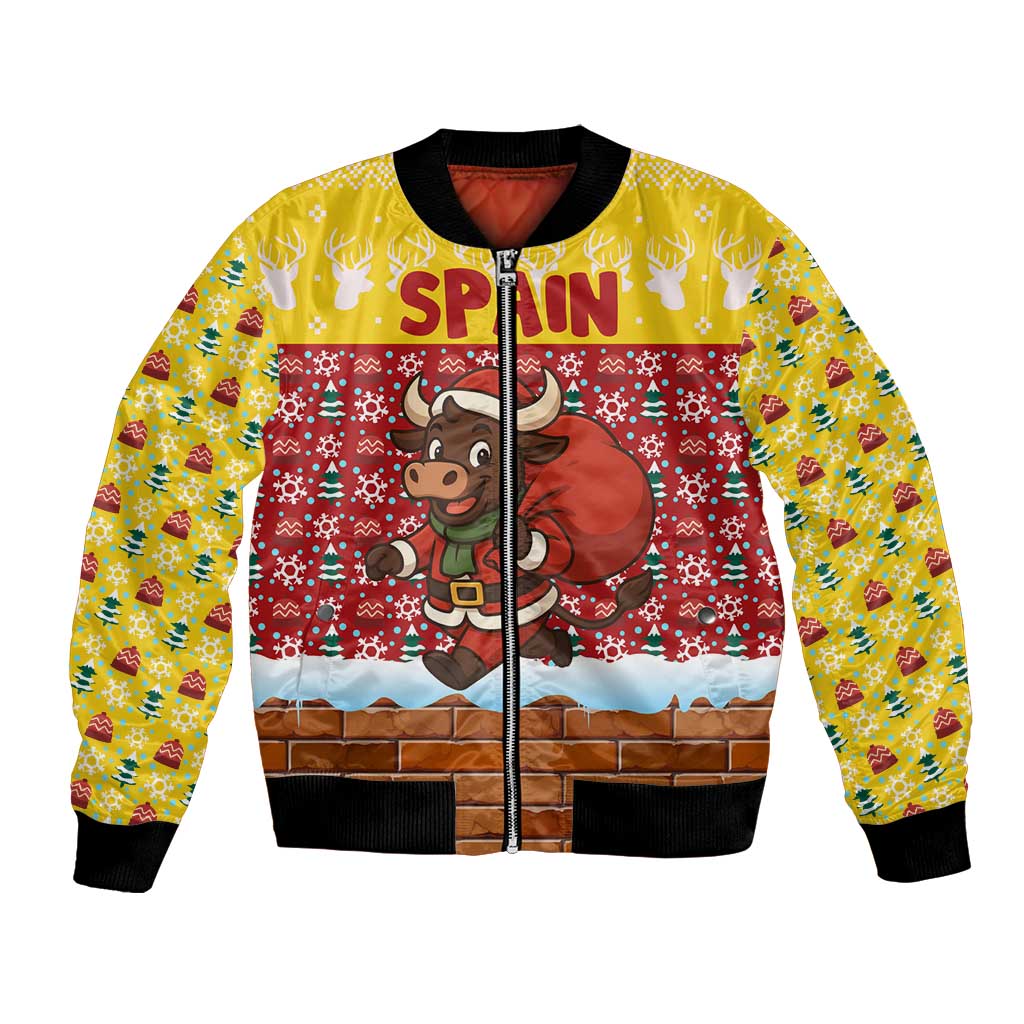 Spain Christmas Bomber Jacket with Santa Bull Brick Chimney Wreath and Festive Holiday - Wonder Print Shop