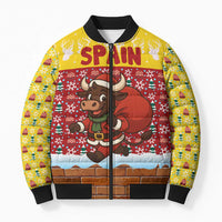 Spain Christmas Bomber Puffer Jacket with Santa Bull Brick Chimney Wreath and Festive Holiday - Wonder Print Shop