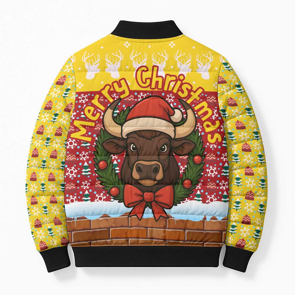 Spain Christmas Bomber Puffer Jacket with Santa Bull Brick Chimney Wreath and Festive Holiday - Wonder Print Shop