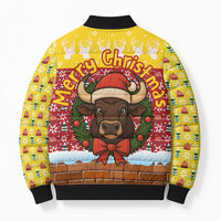 Spain Christmas Bomber Puffer Jacket with Santa Bull Brick Chimney Wreath and Festive Holiday - Wonder Print Shop
