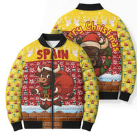 Spain Christmas Bomber Puffer Jacket with Santa Bull Brick Chimney Wreath and Festive Holiday - Wonder Print Shop