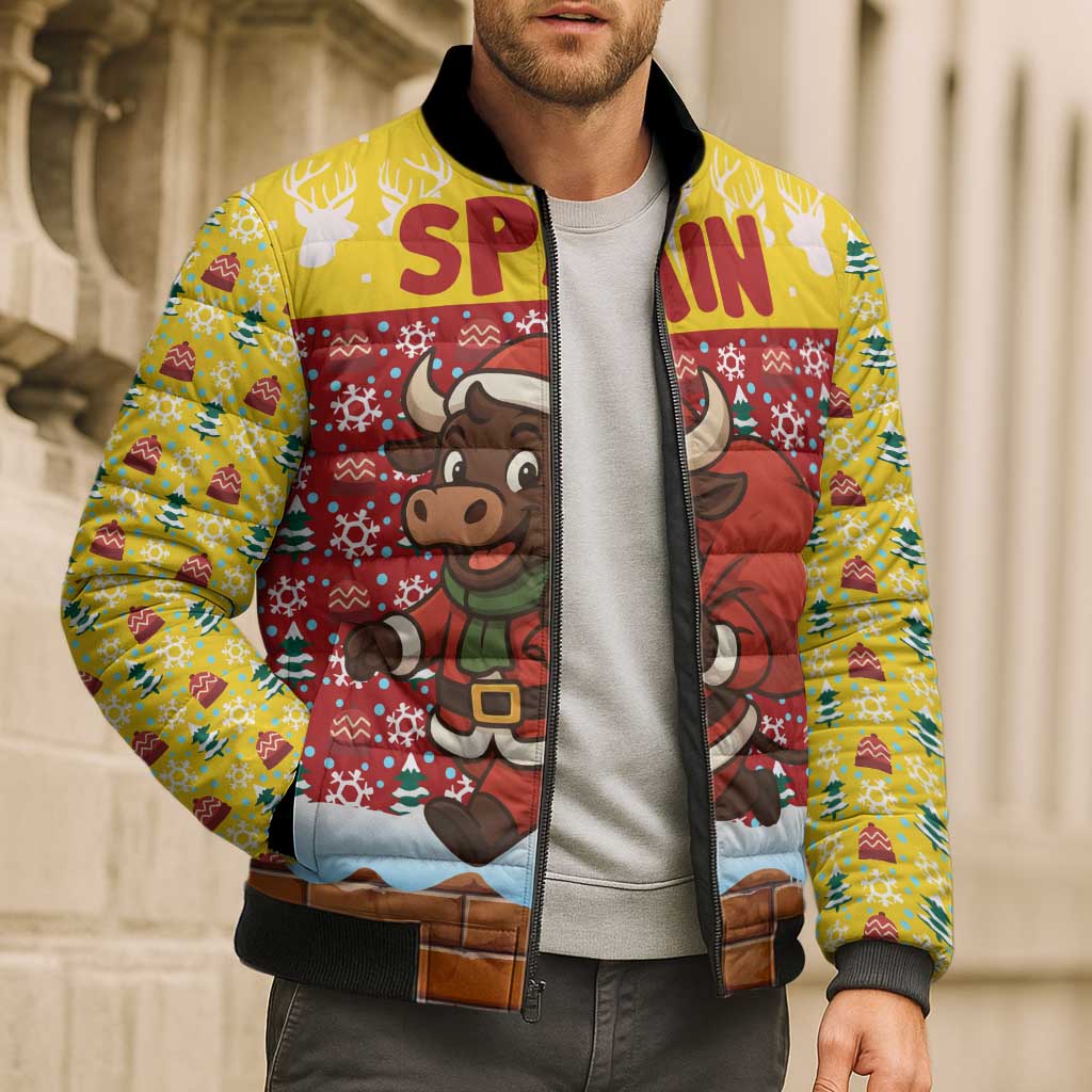 Spain Christmas Bomber Puffer Jacket with Santa Bull Brick Chimney Wreath and Festive Holiday - Wonder Print Shop