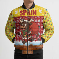 Spain Christmas Bomber Puffer Jacket with Santa Bull Brick Chimney Wreath and Festive Holiday - Wonder Print Shop