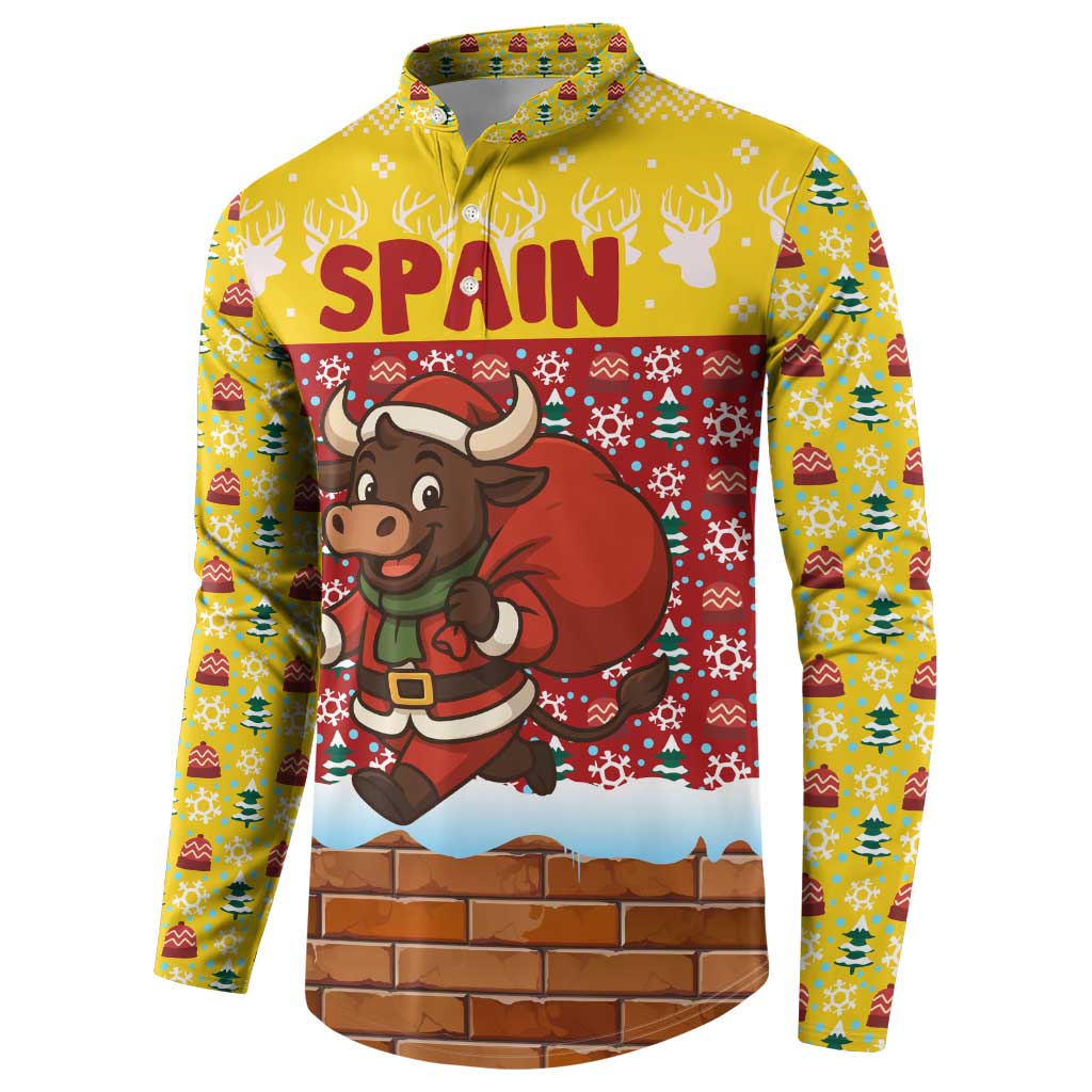 Spain Christmas Button Sweatshirt with Santa Bull Brick Chimney Wreath and Festive Holiday - Wonder Print Shop