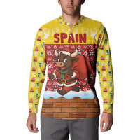 Spain Christmas Button Sweatshirt with Santa Bull Brick Chimney Wreath and Festive Holiday - Wonder Print Shop