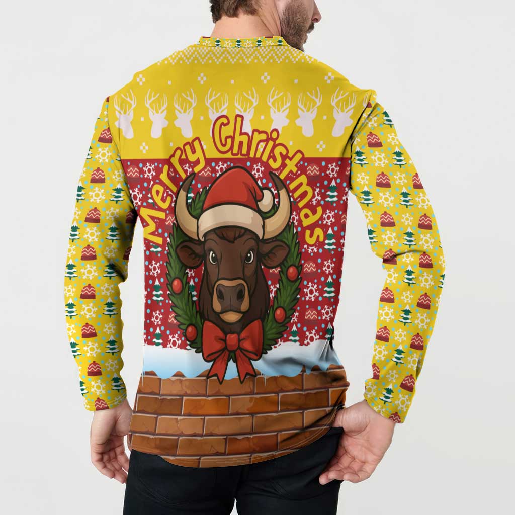 Spain Christmas Button Sweatshirt with Santa Bull Brick Chimney Wreath and Festive Holiday - Wonder Print Shop
