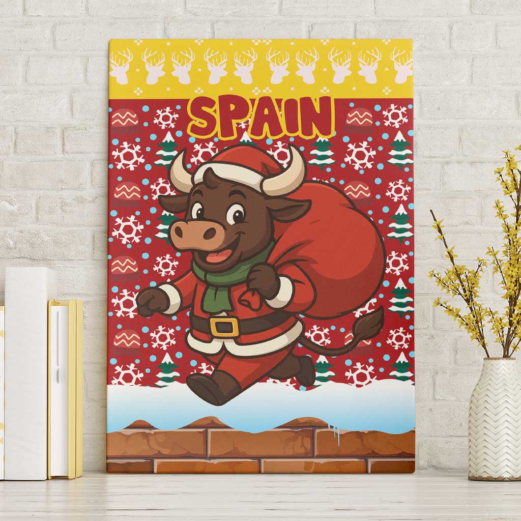 Spain Christmas Canvas Wall Art with Santa Bull Brick Chimney Wreath and Festive Holiday - Wonder Print Shop