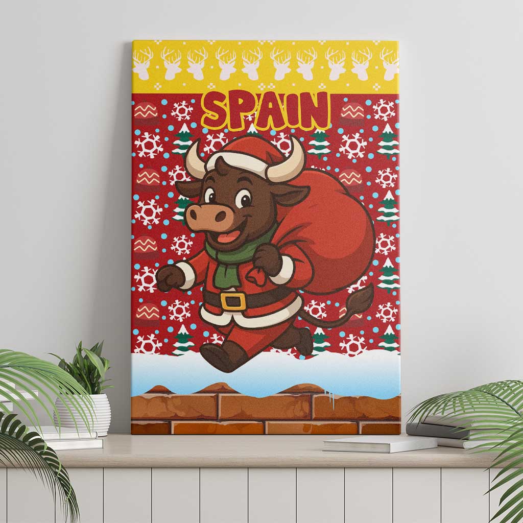 Spain Christmas Canvas Wall Art with Santa Bull Brick Chimney Wreath and Festive Holiday - Wonder Print Shop