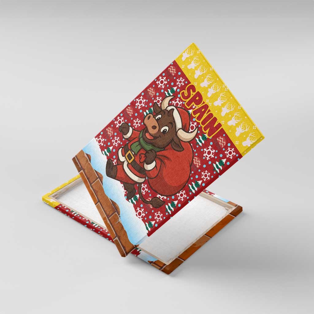 Spain Christmas Canvas Wall Art with Santa Bull Brick Chimney Wreath and Festive Holiday - Wonder Print Shop