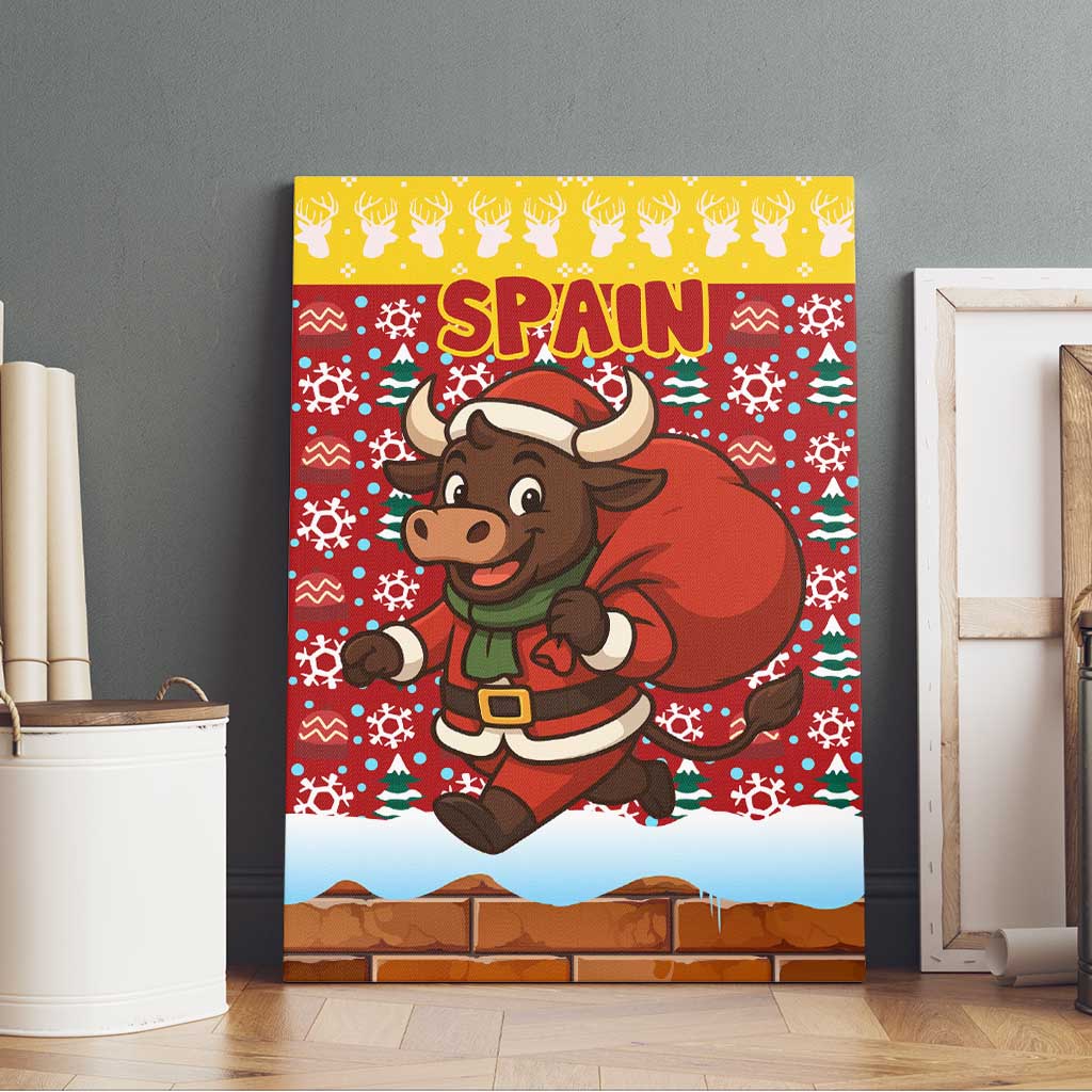 Spain Christmas Canvas Wall Art with Santa Bull Brick Chimney Wreath and Festive Holiday - Wonder Print Shop