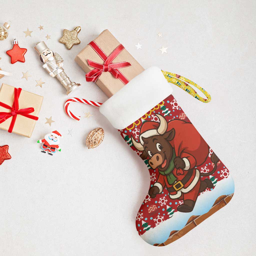 Spain Christmas Stocking with Santa Bull Brick Chimney Wreath and Festive Holiday - Wonder Print Shop