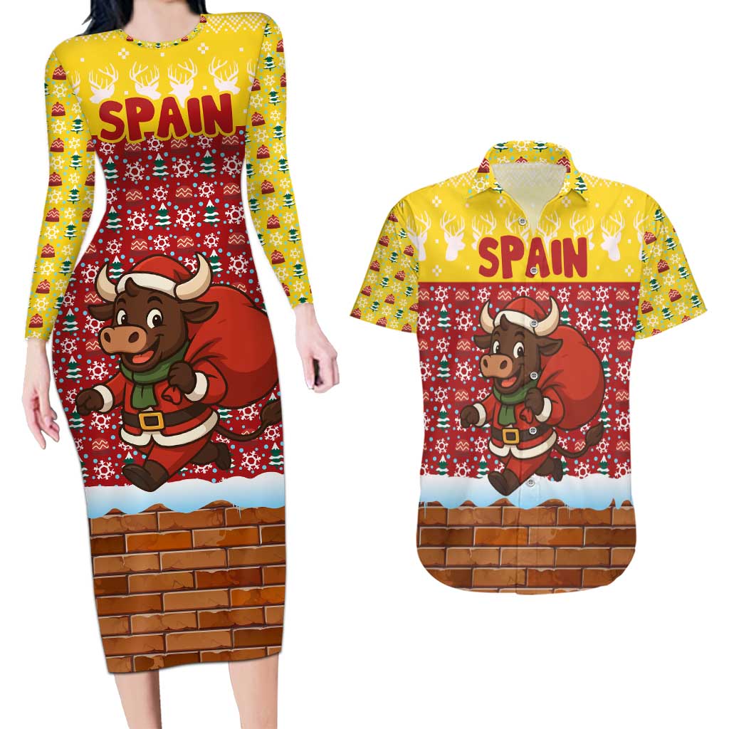 Spain Christmas Couples Matching Long Sleeve Bodycon Dress and Hawaiian Shirt with Santa Bull Brick Chimney Wreath and Festive Holiday - Wonder Print Shop
