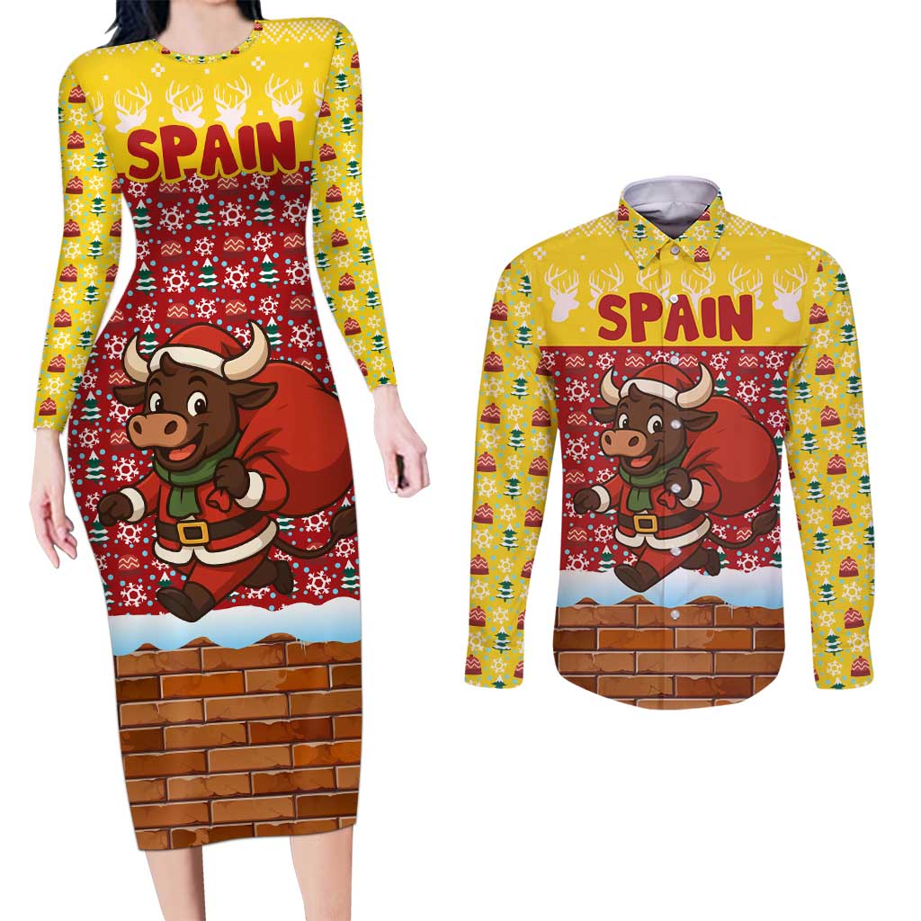 Spain Christmas Couples Matching Long Sleeve Bodycon Dress and Long Sleeve Button Shirt with Santa Bull Brick Chimney Wreath and Festive Holiday - Wonder Print Shop