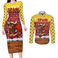 Spain Christmas Couples Matching Long Sleeve Bodycon Dress and Long Sleeve Button Shirt with Santa Bull Brick Chimney Wreath and Festive Holiday - Wonder Print Shop