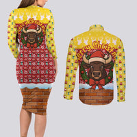 Spain Christmas Couples Matching Long Sleeve Bodycon Dress and Long Sleeve Button Shirt with Santa Bull Brick Chimney Wreath and Festive Holiday - Wonder Print Shop