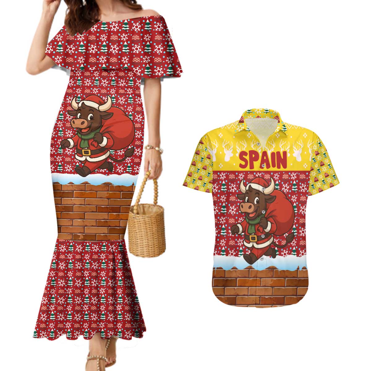 Spain Christmas Couples Matching Mermaid Dress and Hawaiian Shirt with Santa Bull Brick Chimney Wreath and Festive Holiday - Wonder Print Shop