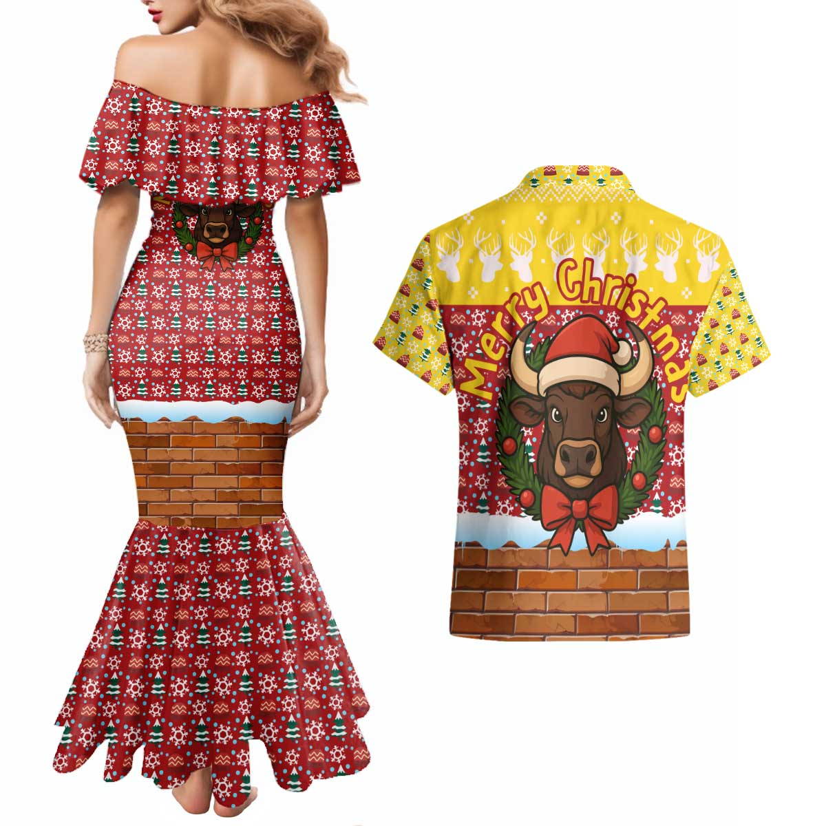 Spain Christmas Couples Matching Mermaid Dress and Hawaiian Shirt with Santa Bull Brick Chimney Wreath and Festive Holiday - Wonder Print Shop