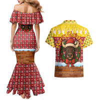 Spain Christmas Couples Matching Mermaid Dress and Hawaiian Shirt with Santa Bull Brick Chimney Wreath and Festive Holiday - Wonder Print Shop