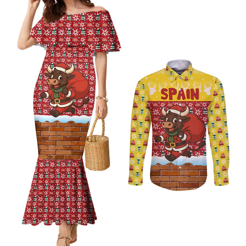 Spain Christmas Couples Matching Mermaid Dress and Long Sleeve Button Shirt with Santa Bull Brick Chimney Wreath and Festive Holiday - Wonder Print Shop