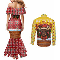Spain Christmas Couples Matching Mermaid Dress and Long Sleeve Button Shirt with Santa Bull Brick Chimney Wreath and Festive Holiday - Wonder Print Shop