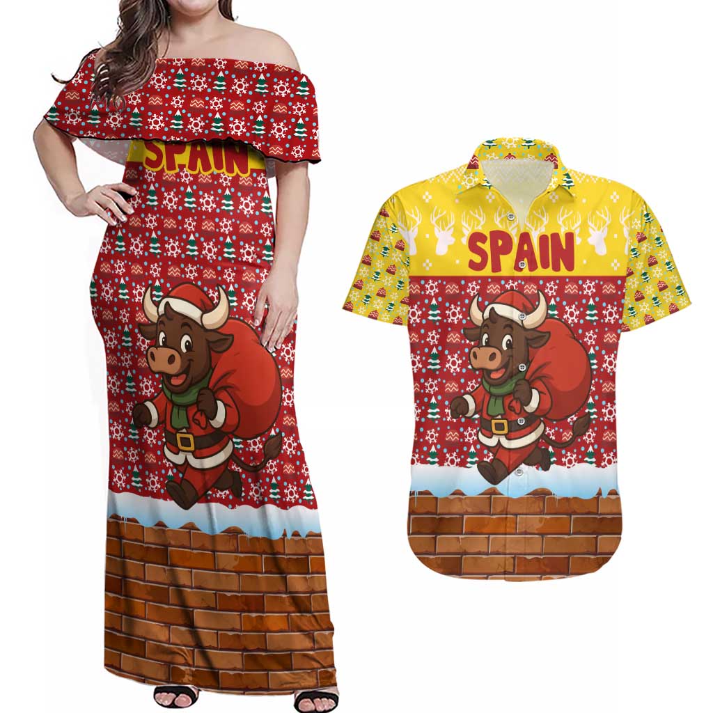 Spain Christmas Couples Matching Off Shoulder Maxi Dress and Hawaiian Shirt with Santa Bull Brick Chimney Wreath and Festive Holiday - Wonder Print Shop