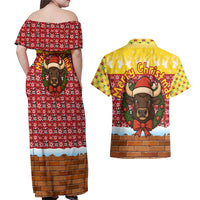 Spain Christmas Couples Matching Off Shoulder Maxi Dress and Hawaiian Shirt with Santa Bull Brick Chimney Wreath and Festive Holiday - Wonder Print Shop