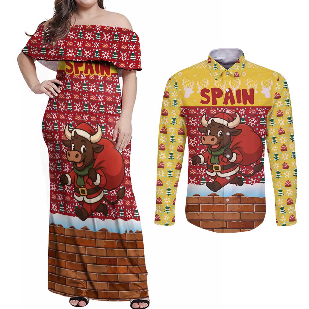 Spain Christmas Couples Matching Off Shoulder Maxi Dress and Long Sleeve Button Shirt with Santa Bull Brick Chimney Wreath and Festive Holiday - Wonder Print Shop